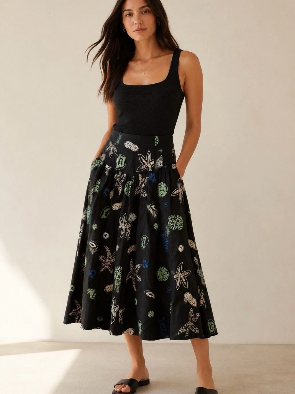 Rhode Roxanne Midi Skirt Women's Size Small Linen Ocean Embroidery
